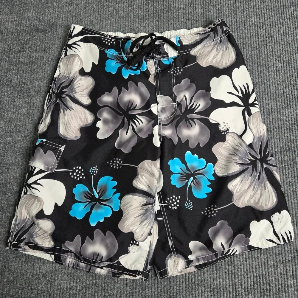 OP Ocean Pacific Mens Medium 32-34 Black Blue Hibiscus Floral Board Shorts Swim